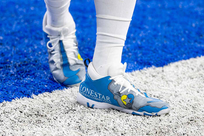 View of blue and grey cleats.